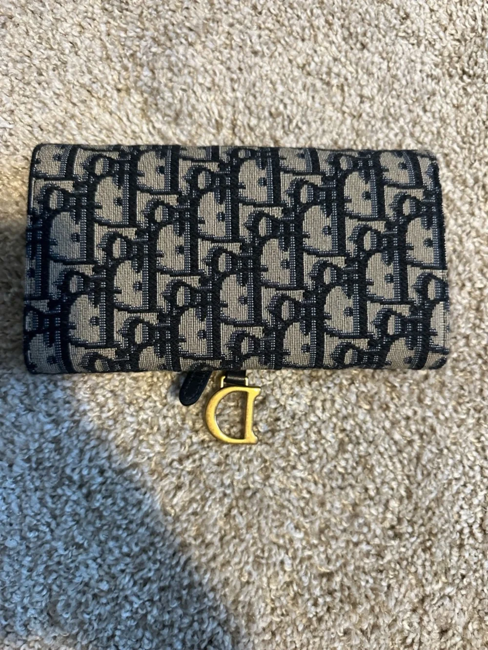 Dior Monogram Canvas Fold Wallet in Navy and Beige with Gold D Charm